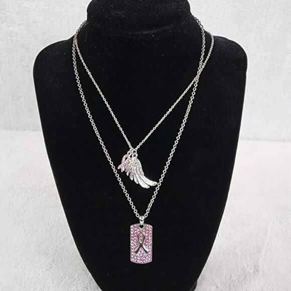 Breast Cancer Awareness Pink Crystal Dog Tag Wings Necklace Set by Cookie Lee - Picture 3 of 7